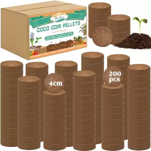 ZeeDix 200 Pcs (40mm) Compressed Coco Coir Fiber Potting Soil Seed Starters - Organic Coco Coir Pellet Fiber Soil for Planting Bonsai, Herbs, Plants, Flowers and Vegetables