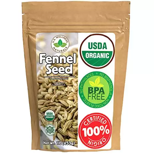 Fennel Seed 1LB (16Oz) 100% CERTIFIED Organic Egyptian Fennel Seed (Foeniculum vulgare), in 1 lbs. Bulk Resealable Kraft BPA free Bag by U.S. Wellness Naturals