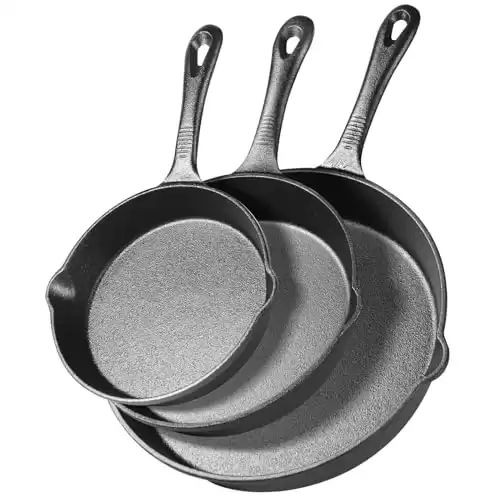 CherHome Cast Iron Skillets 3 Piece，Pre-Seasoned Cast Iron Frying Pan，Cast Iron Fry Pan Skillet Set Includes 6.5in，8in，10in Pans，Ideal for Use on any Type of Cooktop，Oven Safe