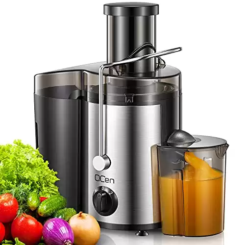 Qcen Juicer Machine, 500W Centrifugal Juicer Extractor with Wide Mouth 3” Feed Chute for Fruit Vegetable, Easy to Clean, Stainless Steel, BPA-free (Black)
