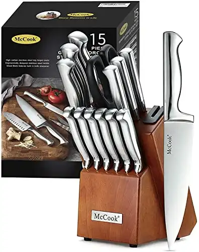 McCook Knife Sets, German Stainless Steel Kitchen Knife Block Sets with Built-in Sharpener