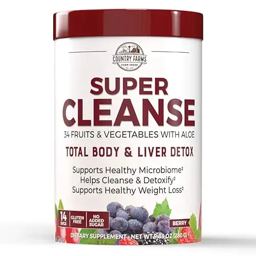 COUNTRY FARMS Super Cleanse, Super Juice Cleanse, Supports Healthy Digestive System, 34 Fruits and Vegetables with Aloe, Promotes Natural Detoxification, Drink Powder, 14 Servings, 9.88 Ounce