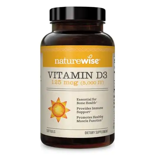 NatureWise Vitamin D3 5000iu (125 mcg) 1 Year Supply for Healthy Muscle Function, and Immune Support, Non-GMO, Gluten Free in Cold-Pressed Olive Oil, Packaging Vary ( Mini Softgel), 360 Count