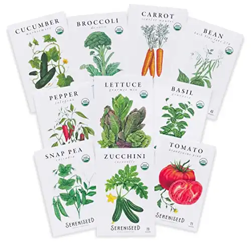 Sereniseed Certified Organic Vegetable Seeds (10-Pack) Non GMO, Open Pollinated - Basil, Snap Pea, Broccoli, Bean, Jalapeno, Tomato, Lettuce, Cucumber, Carrot, Zucchini Seeds for Planting