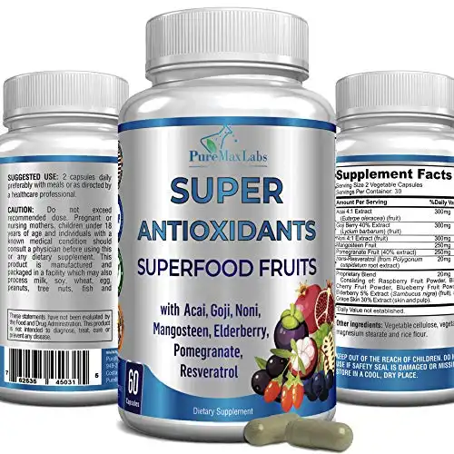 Super Antioxidant Fruit Superfood Complex - Powerful Antioxidant Superfruits, Acai, Goji, Noni, Mangosteen, Pomegranate, Elderberry, Resveratrol, Immune Support, Skin Care - 60 Capsules